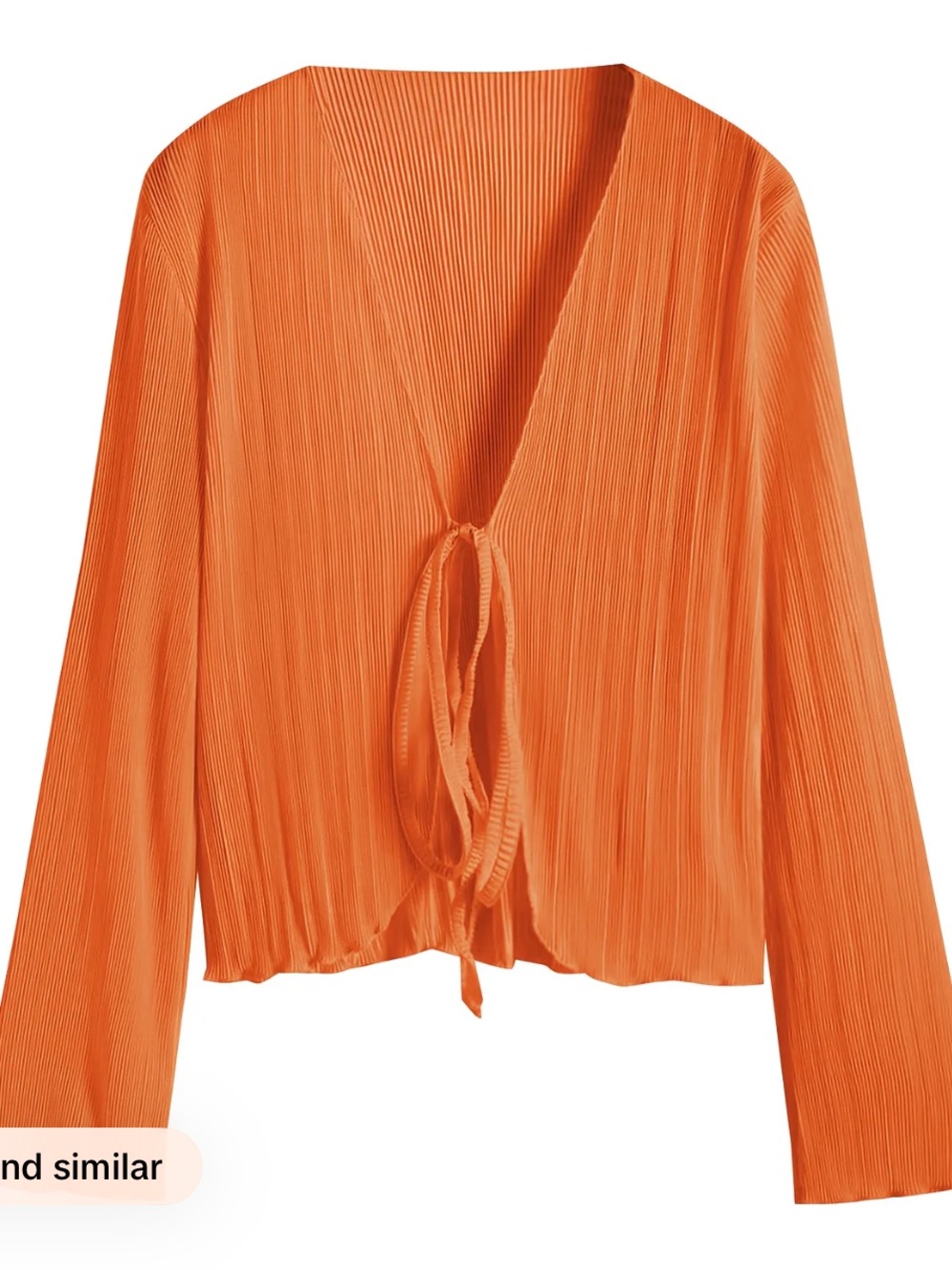 Orange Pleated Tie-Front Crop Top with Bell Long Sleeves